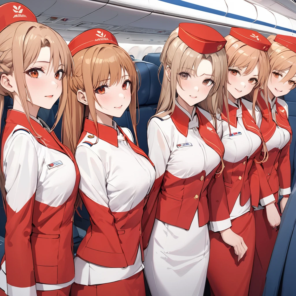 ((Highest quality)), ((masterpiece)), (detailed), (Perfect Face)、The woman is Yuuki Asuna, a flight attendant for Shandong Airlines, a Chinese woman with light brown, medium-long hair.、The woman is wearing a red Shandong Airlines flight attendant uniform, a uniform scarf and a uniform hat.、She is wearing the bright red uniform that is so typical of China.、Flight attendants were photographed gathering in a line.