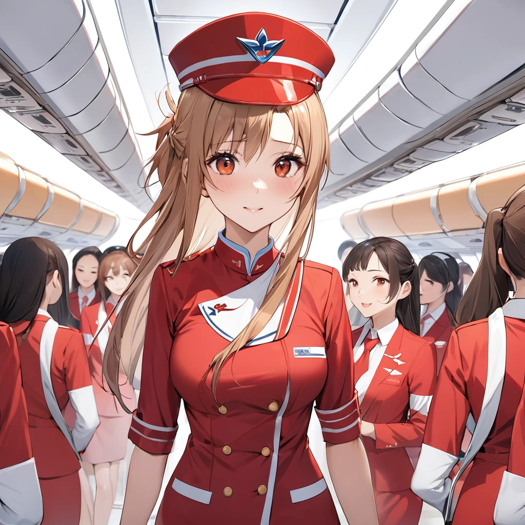 ((Highest quality)), ((masterpiece)), (detailed), (Perfect Face)、The woman is Yuuki Asuna, a flight attendant for Shandong Airlines, a Chinese woman with light brown, medium-long hair.、The woman is wearing a red Shandong Airlines flight attendant uniform, a uniform scarf and a uniform hat.、She is wearing the bright red uniform that is so typical of China.、Flight attendants were photographed gathering in a line.