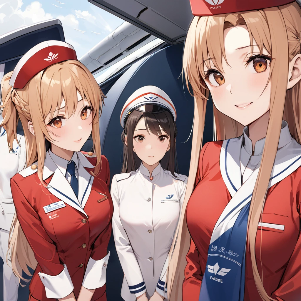 ((Highest quality)), ((masterpiece)), (detailed), (Perfect Face)、The woman is Yuuki Asuna, a flight attendant for Shandong Airlines, a Chinese woman with light brown, medium-long hair.、The woman is wearing a red Shandong Airlines flight attendant uniform, a uniform scarf and a uniform hat.、She is wearing the bright red uniform that is so typical of China.、Flight attendants were photographed gathering in a line.