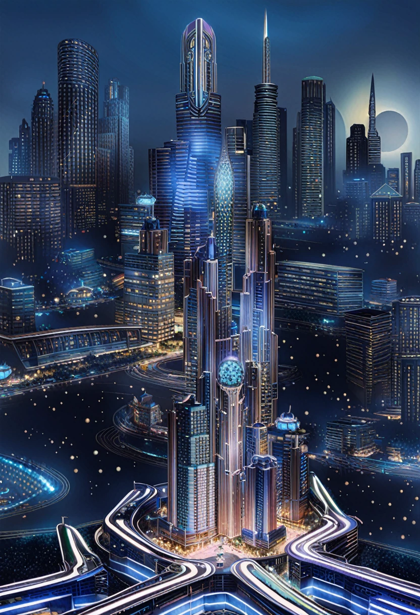 A highly detailed and precise futuristic cyber city、7 entrances and exits、sphere、Spaceship floating、The outline is delicate、Pastel taste