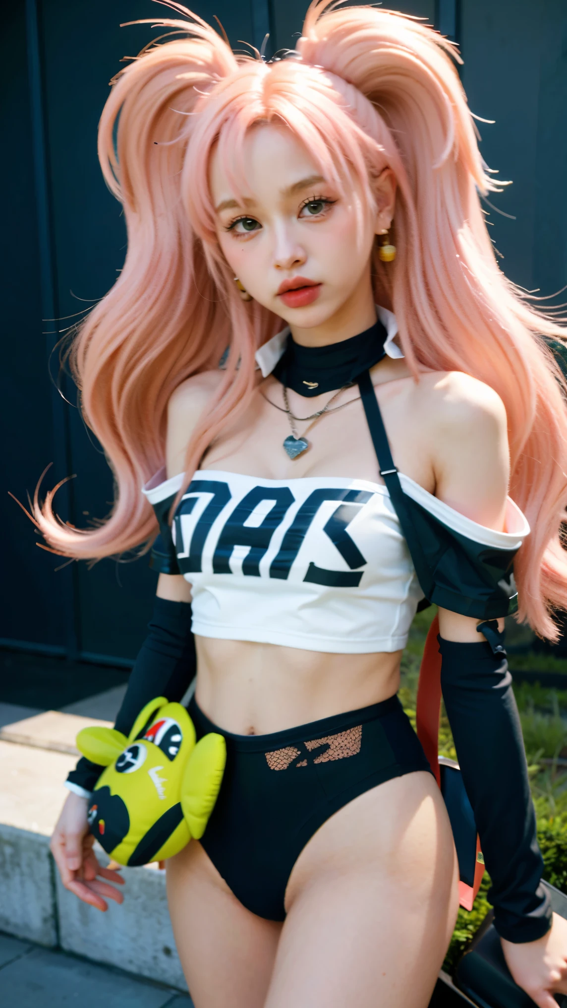 best quality, tmasterpiece,Ultra-high resolution,Clear face,(Reality:1.4),ferpect lighting,(upper body), (photorealistic:1.50), anime wallpaper, Guviz style artwork, cover-up fantasy up to magic , by Yang J, Guviz, beautiful artwork illustration, beautiful digital artwork, beautiful digital illustration, Li Song, beautiful anime portrait, art style in Beauvot, 25 year old woman, 1girl, solo,cosplay, looking at the audience,
long hair, (pink hair:1.5),(twintails ),(hair ribbon), Blue eyes, Tube Top, single thighhigh, short shorts, cropped jacket, belt boots, hair ribbon, hairclip, earrings, single sock, high belt, thigh strap, detached sleeves, Doll, black collar,
Outdoor, grassland, park, garden, (standing:1.5), night sky, (looking at viwer:1.3), (upper body:1.5), (medium breasts), (shagging breasts),