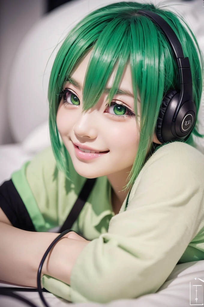 1girl, longeyelashes, Solid Circle Eyes, lightsmile, Green hair, Short hair, headphones, stereograms, 8K, Super Detail, ccurate, Best Quality, lie on bed, Tachi-e, Anime style