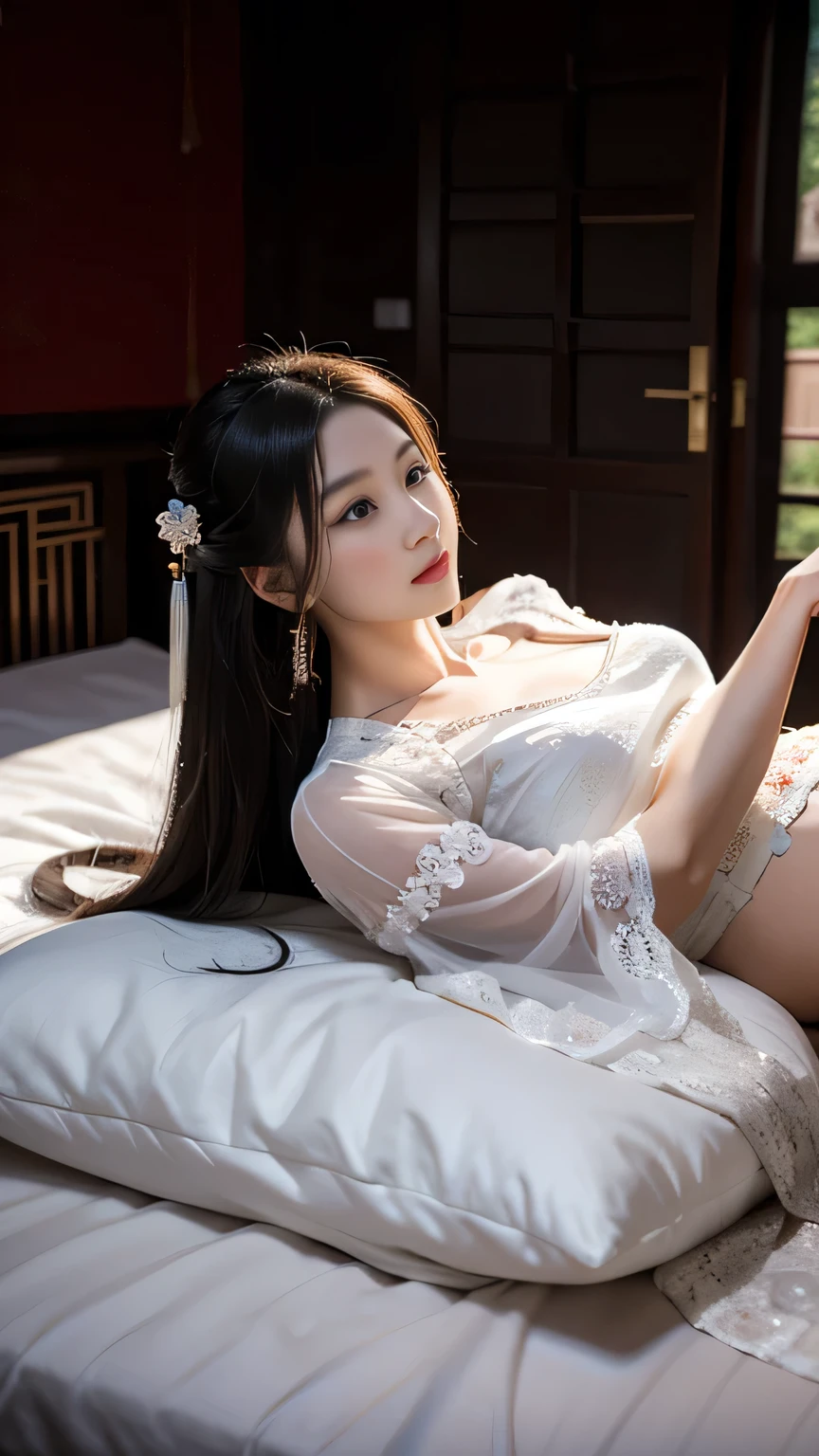 Chinese ancient style，Beauty，Lying on the bed，blushing，Expression，Long legs，White lace hanfu，Antique long dress，Dark background，Ancient style house，huge bust，big pregnant belly, pregnant 40 weeks, enchanting。Masterpiece，8K，Very close observation，Meticulous depiction