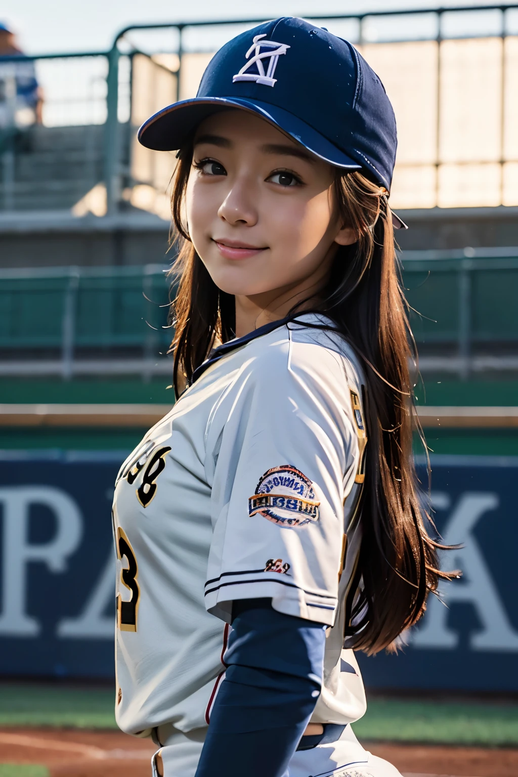 masterpiece、1 beautiful girl、high school baseball、Put on a hat、Playing a match、Full body image、fine eyes、smile,puffy eyes、highest quality, 超High resolution, (reality: 1.4), movie lighting、super beautiful、beautiful skin、body facing forward、Upper body,(ultra-realistic)、(High resolution)、(8k)、(very detailed)、(Beautiful and fine eyes)、(Super detailed)、 (wall-)、detailed face、bright lighting、professional lighting、Midsummer、Koshien Stadium、high school baseball、