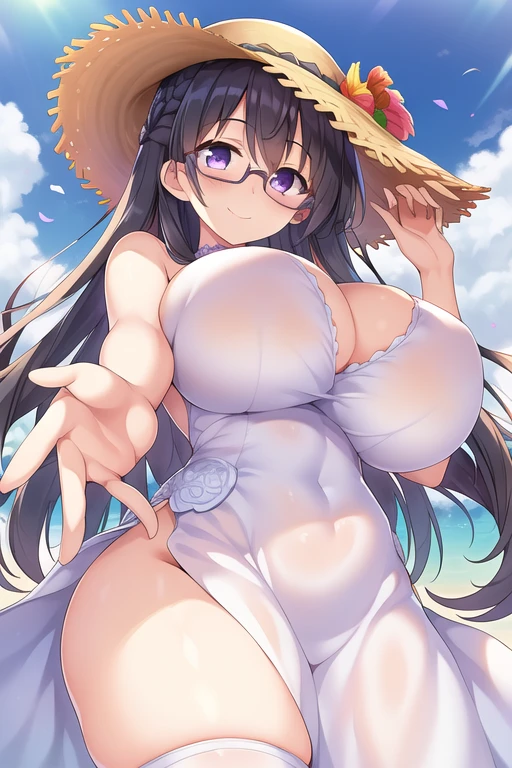 (One girl), (Huge breasts), (Black Hair), (braiis), (Purple eyes), (Glasses), (Intricate iris detail), (white isress), (Straw hat), (Garisen), (View your viewers), (From below), (smile, :is), (Reaching out), (upper boisy),