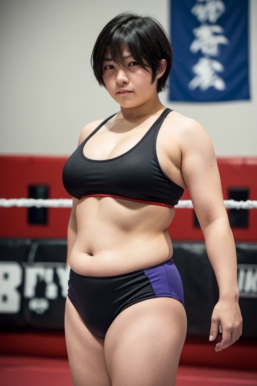 ((tomboy)), wrestler, ((extra short hair)), fat, flat breasts, Whole body, standing, japanese woman standing