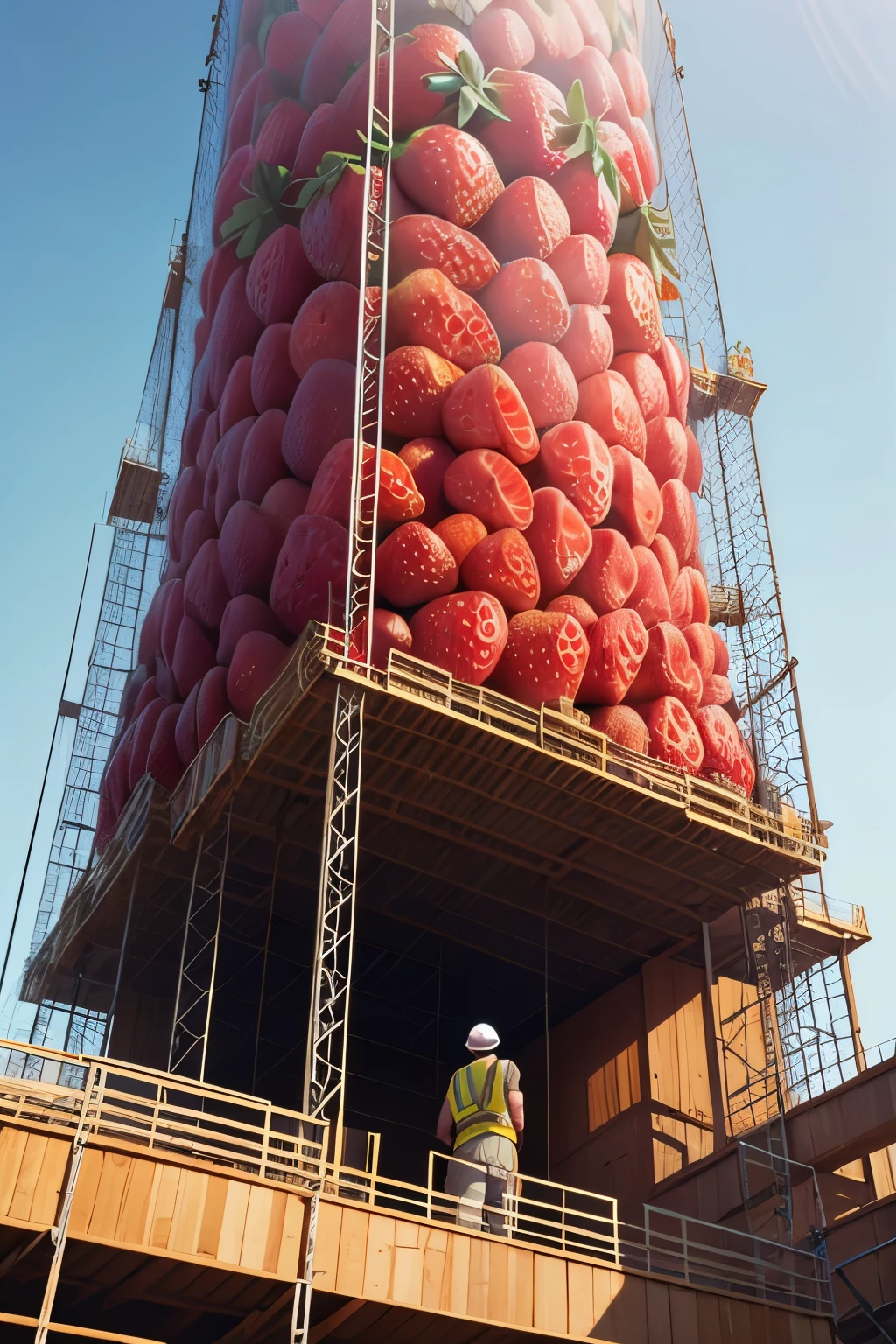 best quality, high resolution, ultra detailed, Huge (strawberry-shaped structure:1.2), (Strawberry motif:1.2), under construction, scaffolding, workers, foreman with drawings, crane, building materials, 