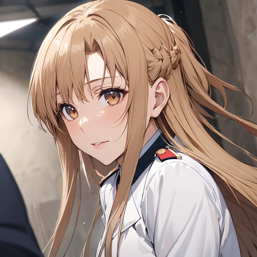 ((Highest quality)), ((masterpiece)), (detailed), (Perfect Face)、The woman is Yuuki Asuna, a female member of the Japanese Self-Defense Forces, with light brown, semi-long hair and wearing formal attire.