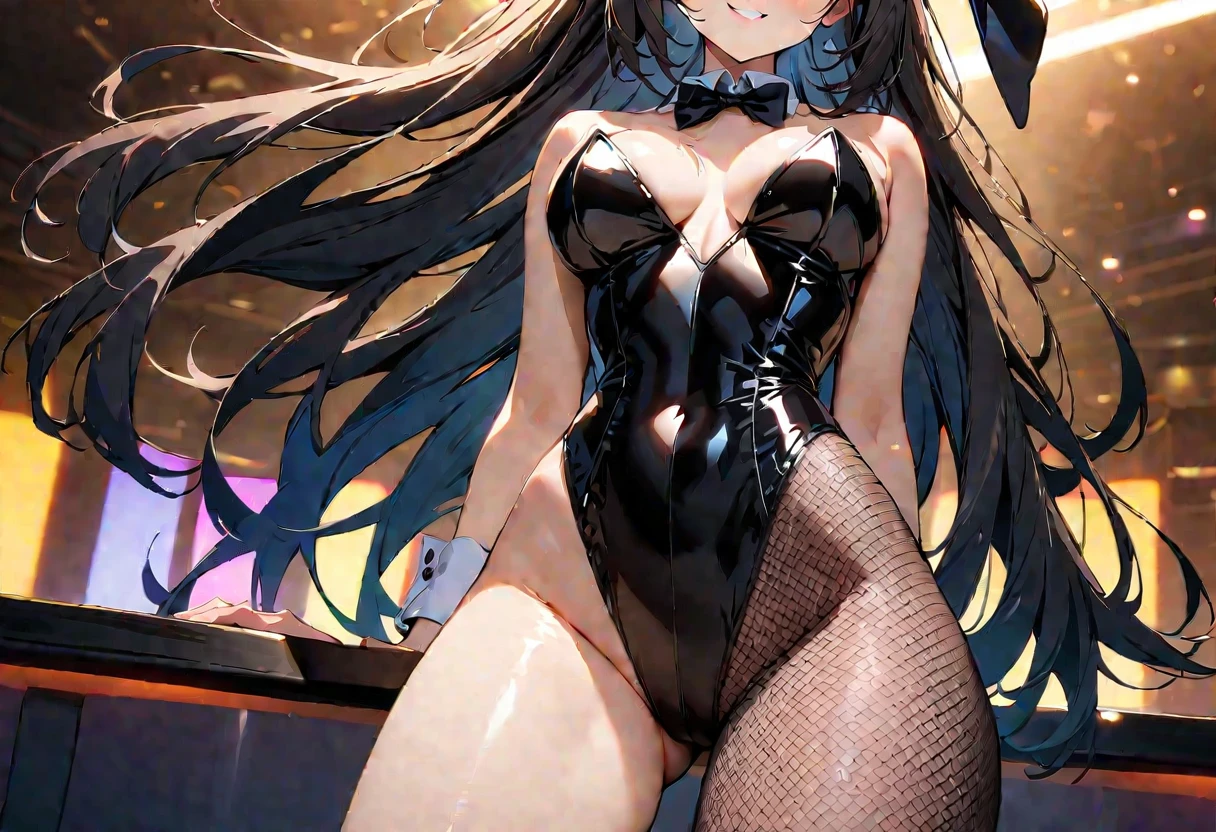 (Highest quality:1.2, Attention to detail, masterpiece:1.2, Best aesthetics), (1 girl), Cowboy Shot, (( Bunny, Fishnet tights:1.2, Bunny ears, ハイレグ leotard, 黒leotard:1.1, leotard)), (Black Hair, Long Hair, Asymmetrical bangs, Dark brown eyes), 美しいAttention to detail目, Beautiful lip detail, Highly detailed face, Detailed Fashion, elegant, luxury, High quality fabric, Shine, Shine, smile, Random Pause, Dutch Angle, bar, Nightclub, night, Dramatic lighting, Cinematic, Bright colors, Intricate details, Chiaroscuro lighting.