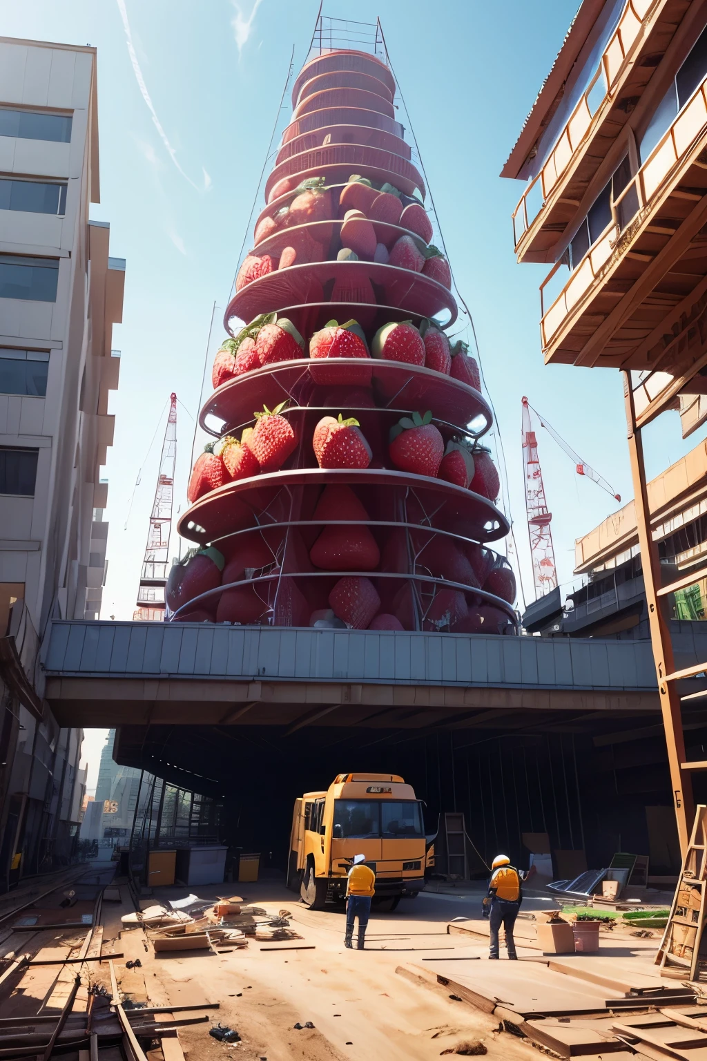 best quality, high resolution, ultra detailed, Huge (strawberry-shaped structure:1.2), (Strawberry motif:1.2), under construction, scaffolding, workers, foreman with drawings, crane, building materials, 