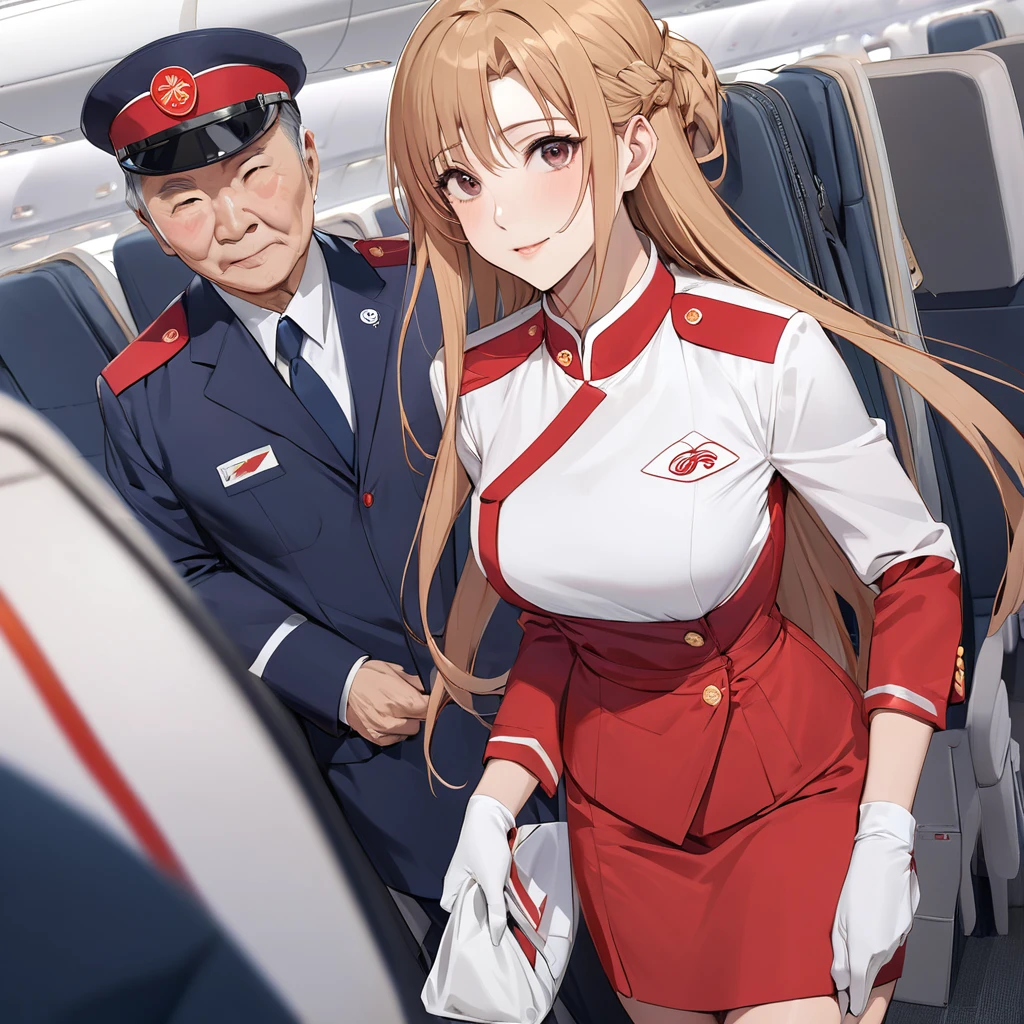 ((Highest quality)), ((masterpiece)), (detailed), （Perfect Face）、The woman is a Chinese flight attendant for Air China, named Yuuki Asuna, with light brown, medium-long hair.、The woman is wearing the red uniform of an Air China flight attendant.、The woman is a special flight attendant for the honorable Chinese Communist Party members, and she dresses up beautifully to serve them.、The woman is a first-class passenger who is exclusively serving an elderly man who is a member of the Chinese Communist Party. She happily serves him by sitting next to him and providing him with sexual entertainment.、A man and a woman are alone making love in the first class cabin.