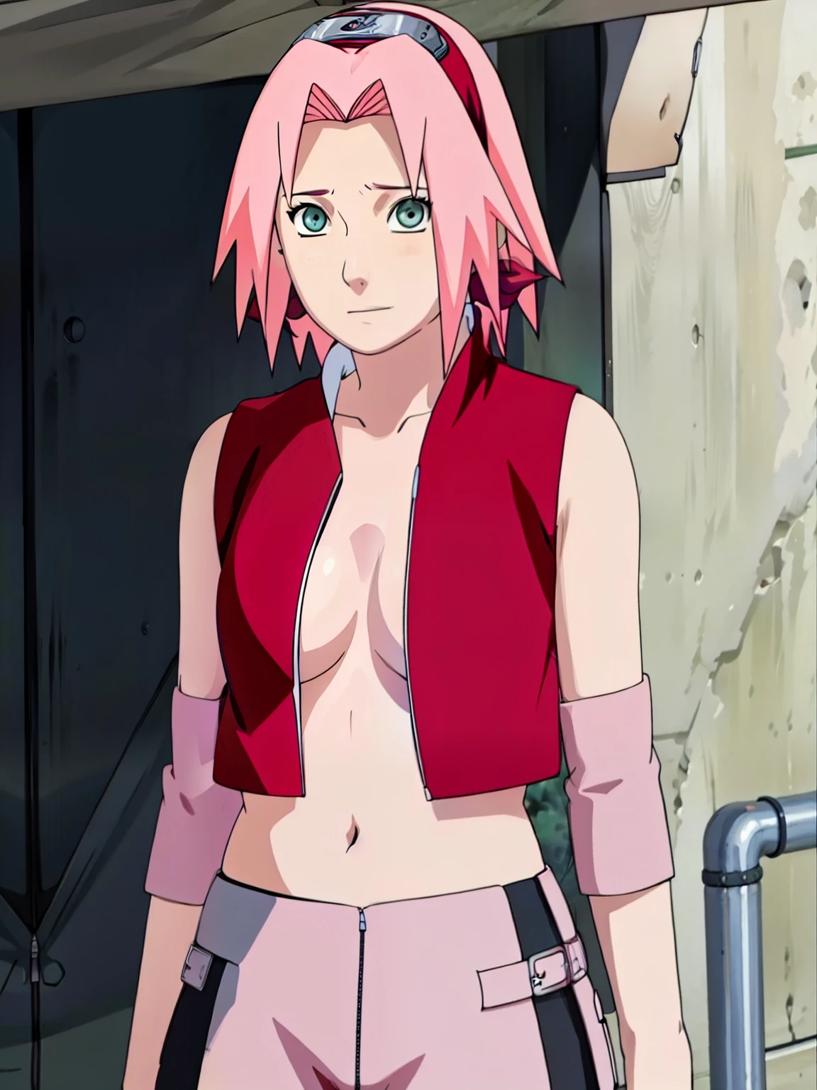 Sakura Haruno open blouse open zipper ripped blouse open shirt ripped shirt showing sexy chest and belly.