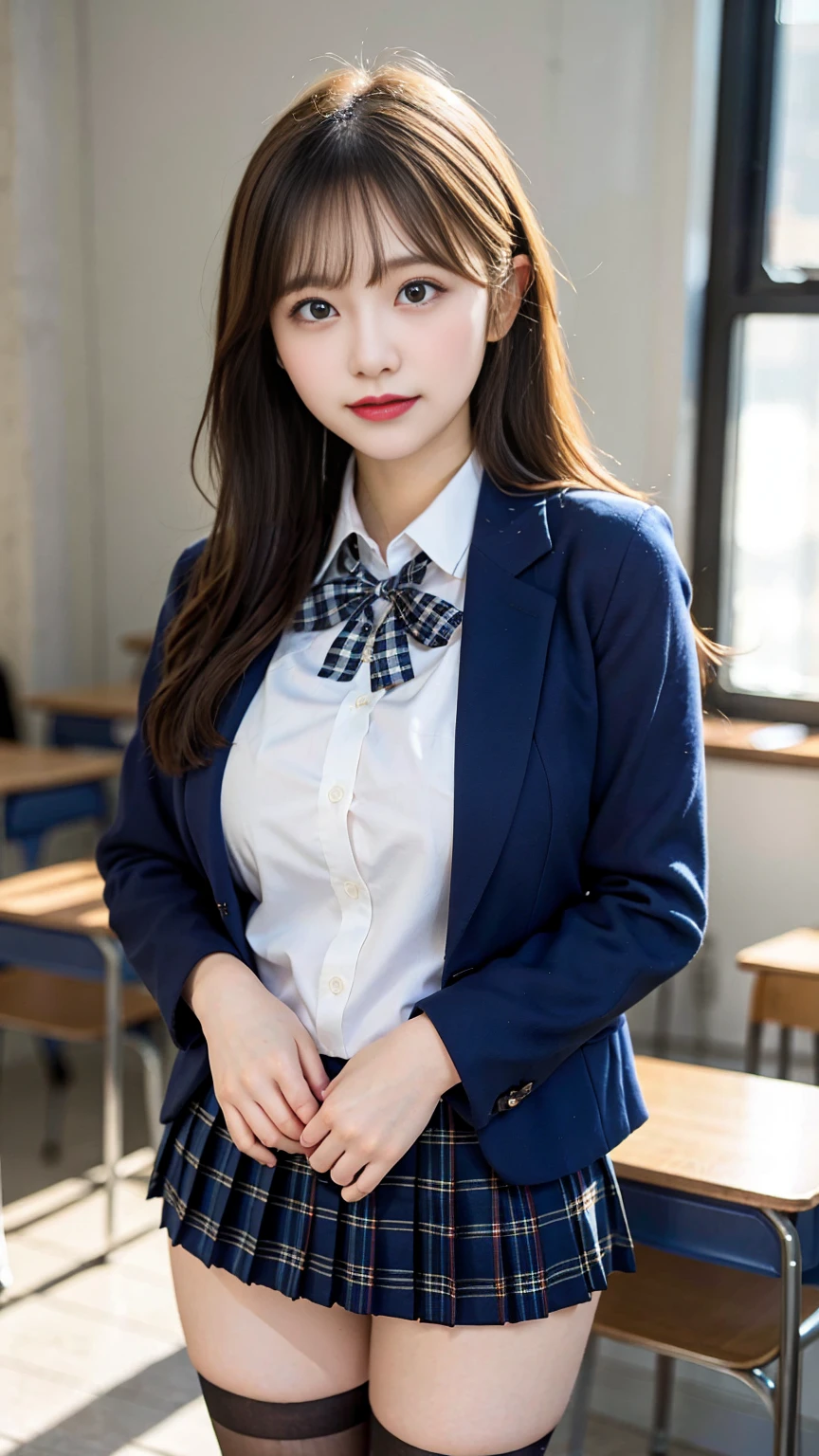 (Masterpiece, Masterpiece, 8k), One beautiful woman, Long blonde hair, blue eyes, A blue ribbon in her hair, High School Outfit, Black blazer, Checkered pleated skirt, Blue tie, Big Breasts, Thighs, Wearing stockings, In the classroom, Serious expression, High resolution, Blur the background, (Smile), Medium Bust, The gesture of peering with hands behind back,