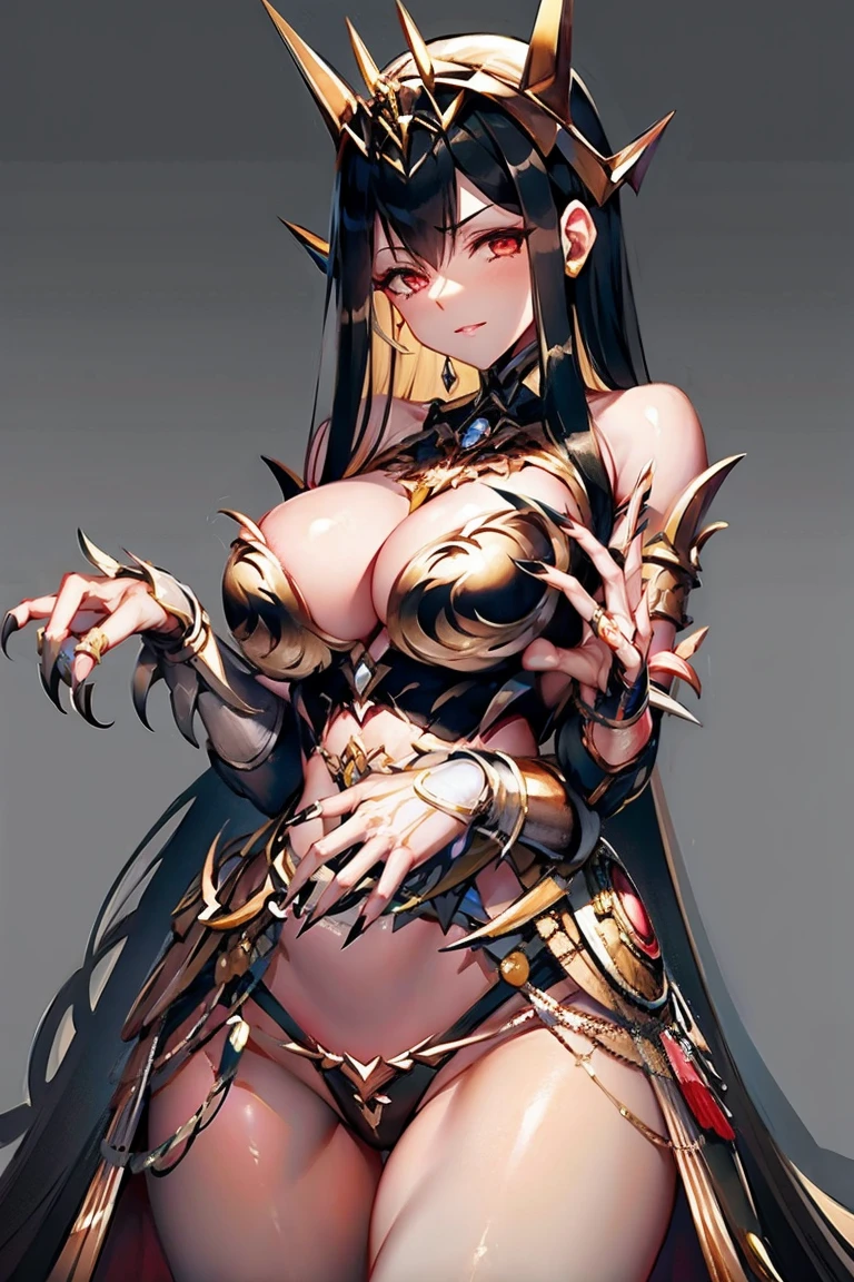 hand on own chest, hands up, black hair, bare shoulder, red eyes, very long hair, cleavage, large breasts, dress, showgirl skirt, high-leg, cleavage cutout, tiara, bare thighs, gauntlets, bare shoulder, ((((((bare nails, bare fingers, bare hands, good hands, best hands, Correctly aligned fingers, extremely detailed hands and fingers, ultra detailed hands and fingers, super detailed hands and fingers, perfect female hands and fingers, biologically accurate hands and fingers, 4 fingers and 1thumb accurate hands and fingers, beautiful hands and fingers, hands and fingers drawing, human hand and fingers, perfect arrangement of fingers, detail focus hands, perfection hands and fingers)))))), adult face, fearless face, both arms, two arms, both hands, two hands, super fine illustration, masterpiece, masterwork, by famous artist, official art, ultra high res, best quality, high quality, Hand, detailed, perfect, perfection , hands, betterhand, both hands is Thumb and index finger and middle finger and ring finger and little finger, symmetrical hands, even hands, panties,