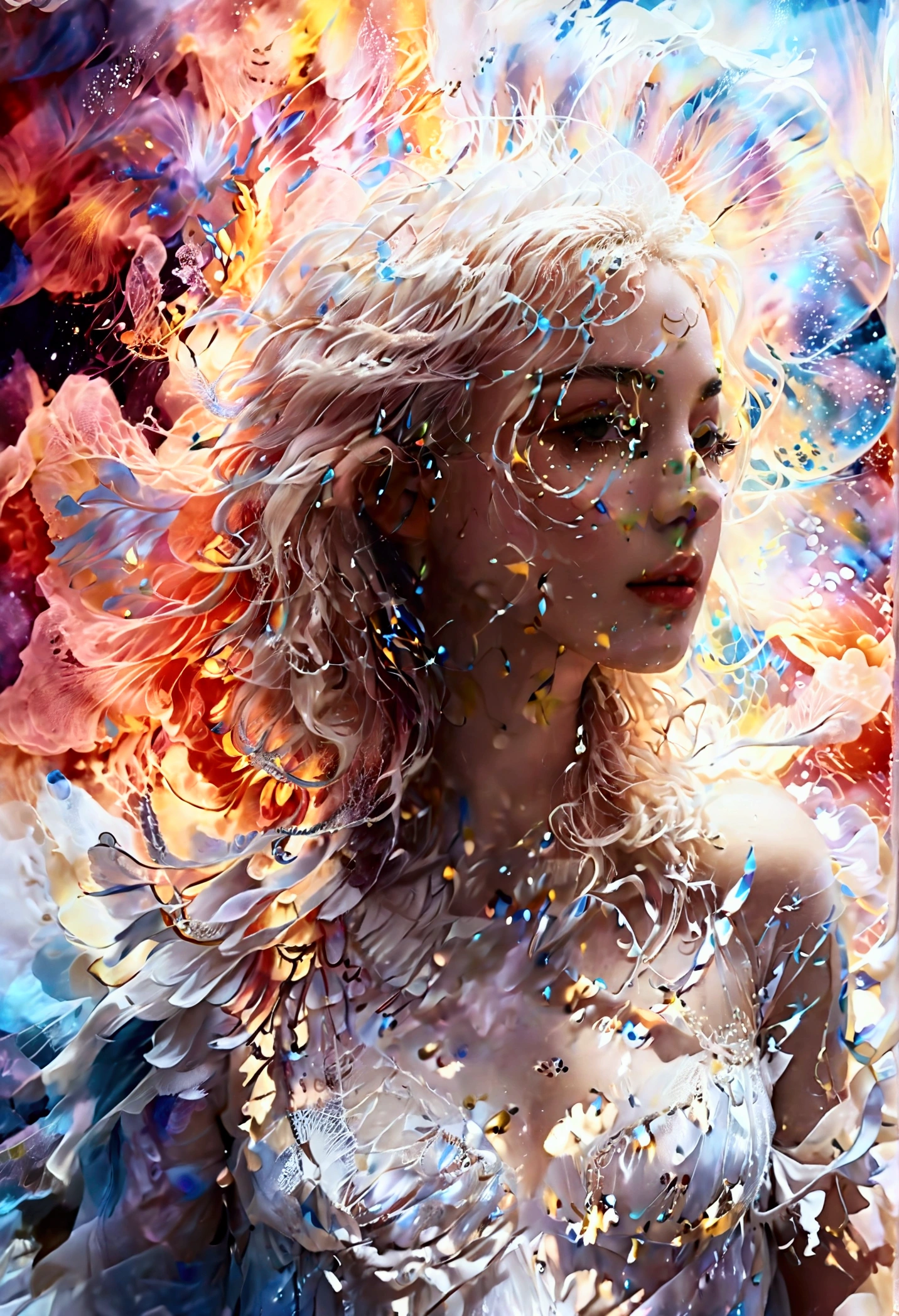 Gorgeous, Space , against the backdrop of bright multi-colored fog, Art, boudoir, water light ink, pigment and water, painted cloud, light fog, the image of a woman can be traced, double exposure, Unbelievable elegance,(Light energy:1.1),(immortal deity:1.2),Heavenly Grace,mystical outfit,Serene facial expression lace clothing, mesh on the face,intimacy,white hair fluttering,(Twinkling eyes:1.1),(unearthly beauty:1.1),magnificent heavenly kingdom,divine love and compassion,colorful nebulae dancing in the background,glowing particles of stardust float around her,galaxies swirl around her, as her divine power expands,Infinite Space, going far beyond the horizon,a hint of magic(flicker of magic:1.1),cosmic rays bathe this scene in a heavenly glow,(bright shades:1.1),(Cosmic colors:1.1),calming color palette,inducing a feeling of peace and tranquility,majestic divine presence, filling the entire universe,Magical atmosphere,(Delicate details:1.1),Thin strokes, creating intricate patterns,(unearthly blows:1.1),(fabulous strokes:1.1),very detailed visualization of her celestial features,subtle gradients, adding depth to the image,Carefully crafted textures, that animate it,flawlessчно реалистичное изображение,(impressive definition:1.1),(stunning realism:1.1),flawlessчное внимание к деталям, because every strand of hair is visible,(flawless
 