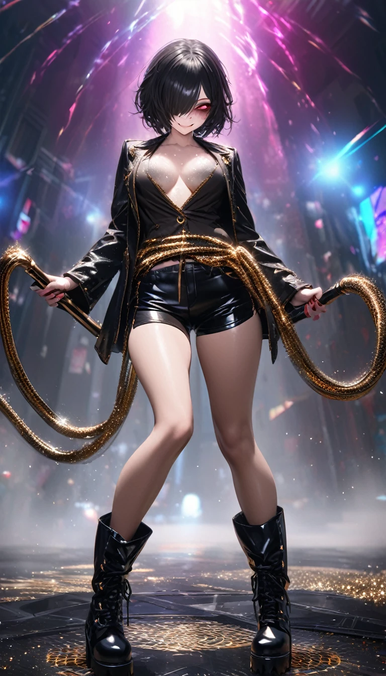 beautiful woman, yandere, hair over one eye, amorous and lewd face, sly, smirking, loud laughter, sadistic, dead eyes, bags under the eyes, makeup, covered in tattoos, shorts, heavy engineer boots, great proportion, gold thread, shiny black rubber, whip, background obscene space, shading effects, gradation magic effects, foggy filter effects, glitter effects, (ultra detailed, absolutely resolution, best quality:1.3), 2.5D, delicate and dynamic, artistic photography, hyper realistic, graphic CG digital art