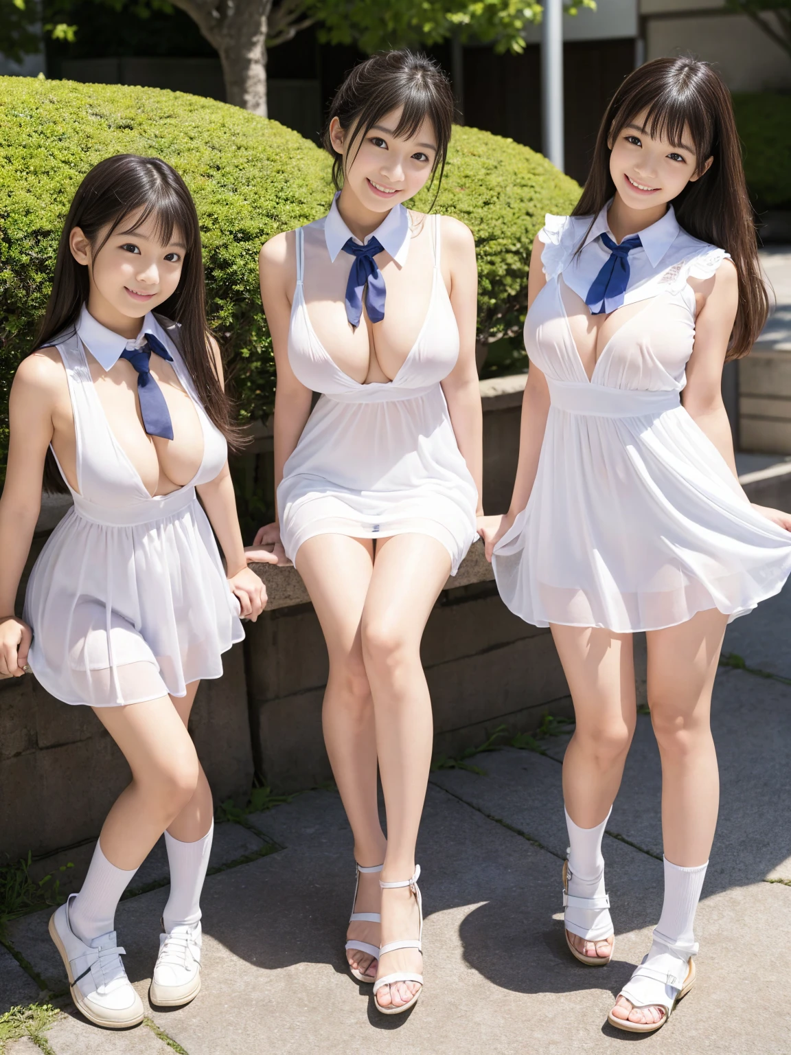 Miraculously pretty girl,japanes,ar old,miniskirt、wet white high socks、Loafer shoes、realisitic、超A high resolution、Full Body Display、three girls walking in the park、 japanese school uniform, ((white see-through dress with plunging neckline:3.0, no-bra)),((Open valley, tits out:1.4)),マイクロa miniskirt、 One person has short twin tails, One person shortcuts、One person has bun hair、Kantai Collection Style, Wearing school uniform, 制服を着たWearing school uniform, JK Uniform, official artwork, School uniform, a-1 body display image）、10 montnt、マイクロa miniskirtから白いパンティ見える、skinny thigh、 (((Typhoon torrential rain))),((look up sky:1.0, A petite beauty soaked in the rain:1.3)),(Rain drips all over the body:1.3, wet and disheveled hair:1.6, Wet clothes:2.4, water drop on the skin:1.4),low angles,Angle from diagonally forward、(((Only two arms)))、(((Only two legs)))、No umbrella、大きなtits out:2.4,every little person々、Short people、Height 150cm,Skin is wet and shiny、A large amount of white fluid collects in the chest、There is a large amount of white liquid in the cleavage area、There is a large amount of white liquid in the cleavage area、There is a large amount of white liquid on my thighs、A large amount of white fluid adheres to the collarbone、