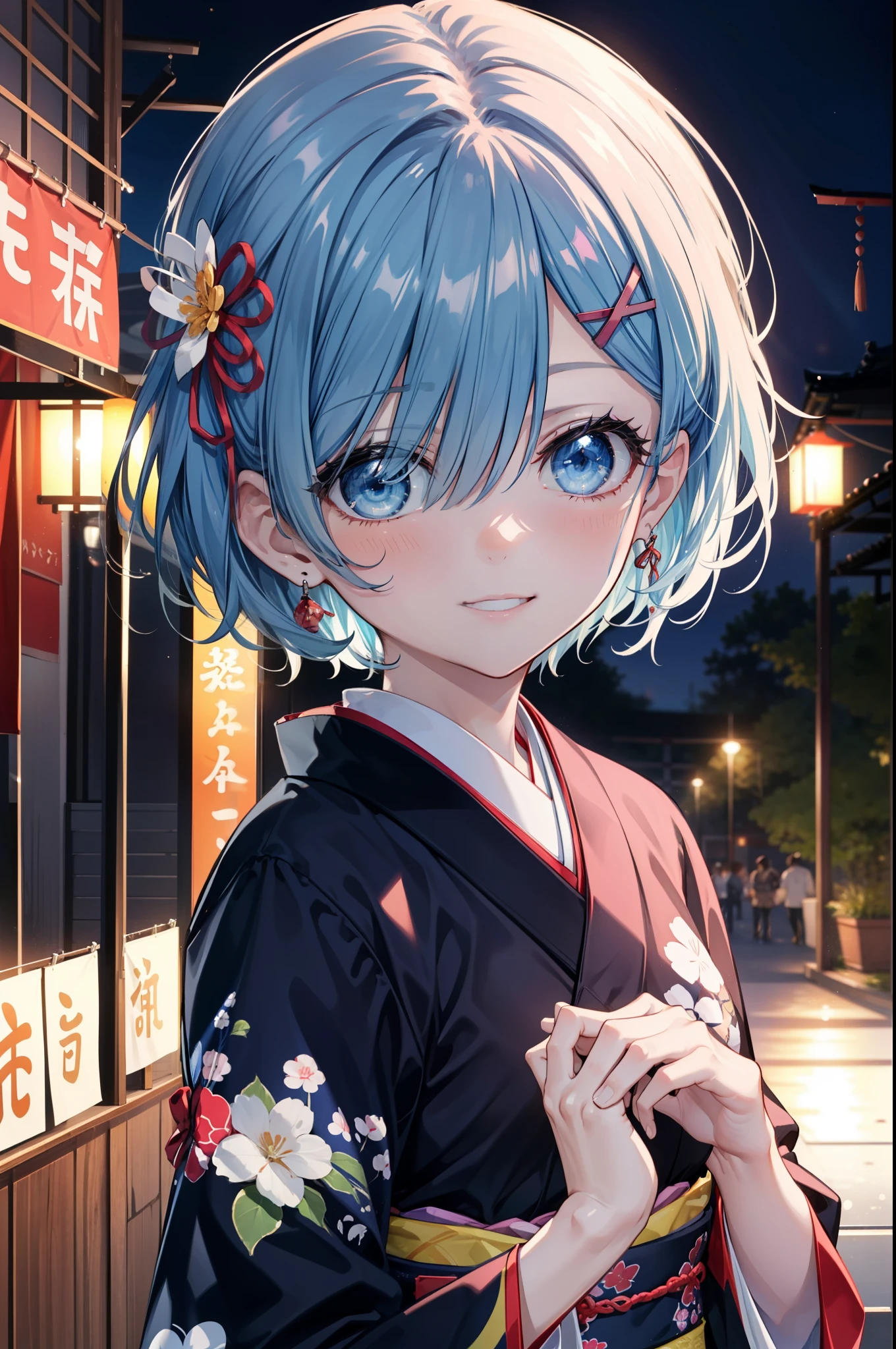 rezeroRem, Rem, blue eyes, Blue Hair, hair ornaments, Hair on one eye, hair ribbon, short hair, x hair ornaments,Blue Kimono,smile,blush,Open your mouth,whole bodyがイラストに入るように,evening,sunset,The sun is setting,日本のfestival,夏festivalの屋台,Red lantern,
break outdoors, festival,
break looking at viewer,whole body, (Cowboy Shot:1. 5),
break (masterpiece:1.2), Highest quality, High resolution, unity 8k wallpaper, (figure:0.8), (Beautiful attention to detail:1.6), extRemely detailed face, Perfect lighting, extRemely detailed CG, (Perfect hands, Perfect Anatomy),