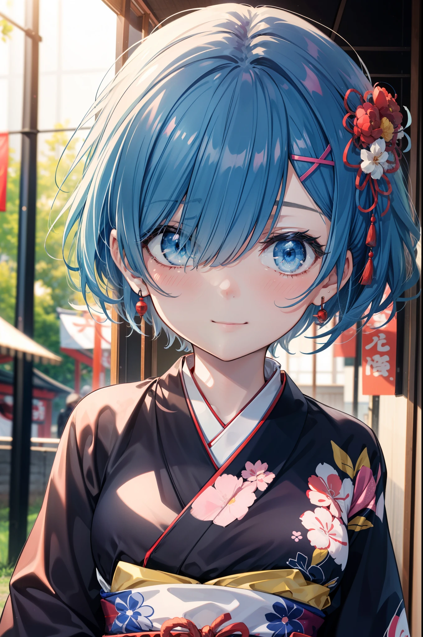 rezeroRem, Rem, blue eyes, Blue Hair, hair ornaments, Hair on one eye, hair ribbon, short hair, x hair ornaments,Blue Kimono,smile,blush,Open your mouth,whole bodyがイラストに入るように,evening,sunset,The sun is setting,日本のfestival,夏festivalの屋台,Red lantern,
break outdoors, festival,
break looking at viewer,whole body, (Cowboy Shot:1. 5), 
break (masterpiece:1.2), Highest quality, High resolution, unity 8k wallpaper, (figure:0.8), (Beautiful attention to detail:1.6), extRemely detailed face, Perfect lighting, extRemely detailed CG, (Perfect hands, Perfect ???????),