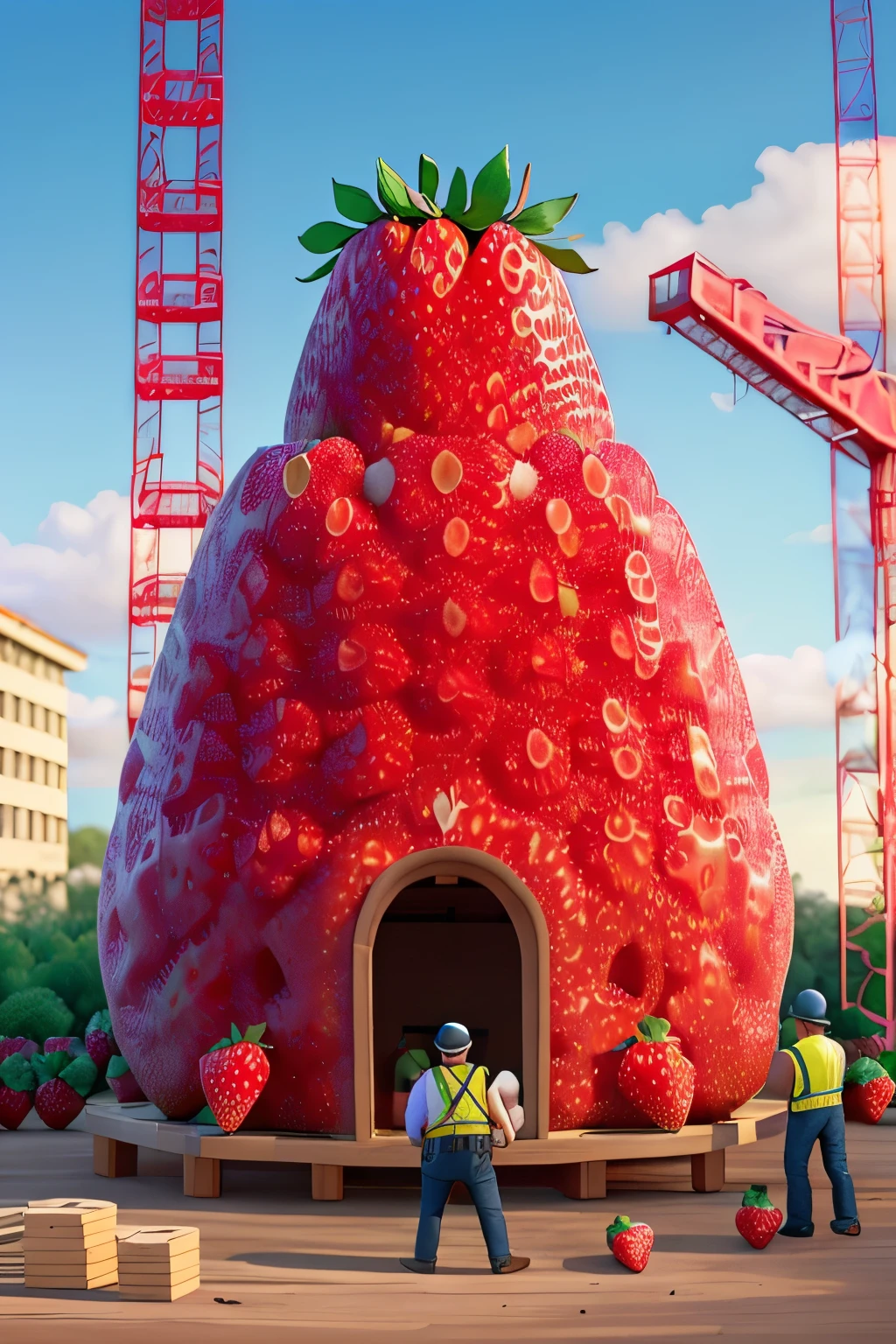 best quality, high resolution, ultra detailed, (Huge strawberry-shaped:1.4) structure, (Strawberry motif:1.4), under construction, scaffolding, workers, foreman with drawings, crane, building materials,