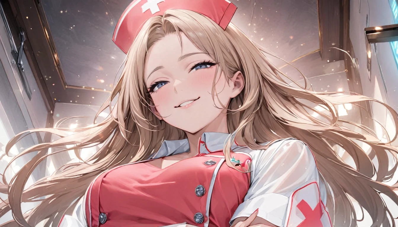 From below, Portraiture, Kind and beautiful nurse, Cool face, A shy smile, Superb proportions, She is wearing a loose cardigan over her nurse uniform., Glitter effect, fog effect、smug face、Cowboy Shot