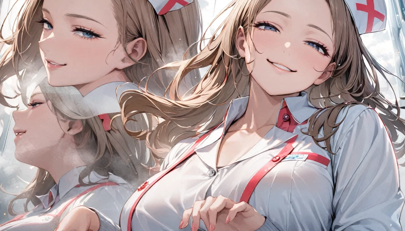 From below, Portraiture, Kind and beautiful nurse, Cool face, A shy smile, Superb proportions, She is wearing a loose cardigan over her nurse uniform., Glitter effect, fog effect、smug face、Cowboy Shot
