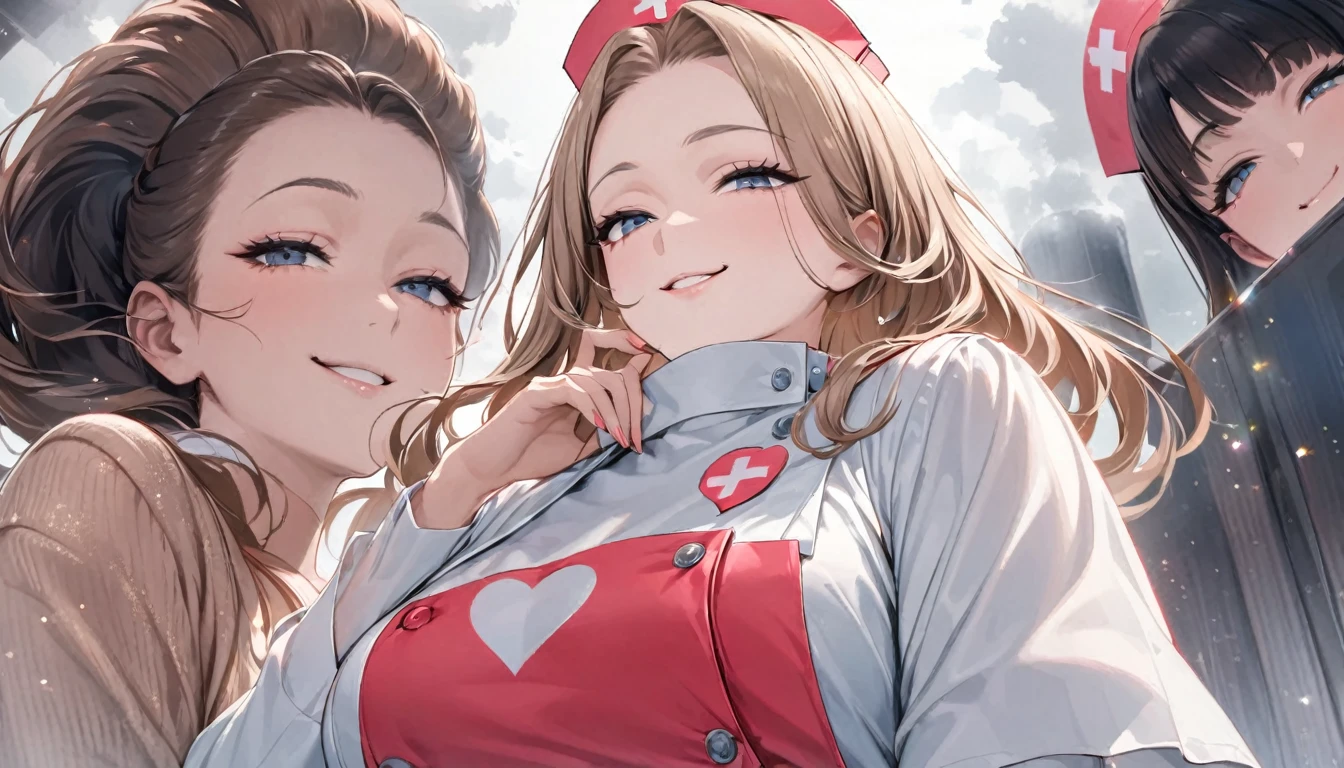 From below, Portraiture, Kind and beautiful nurse, Cool face, A shy smile, Superb proportions, She is wearing a loose cardigan over her nurse uniform., Glitter effect, fog effect、smug face、Cowboy Shot