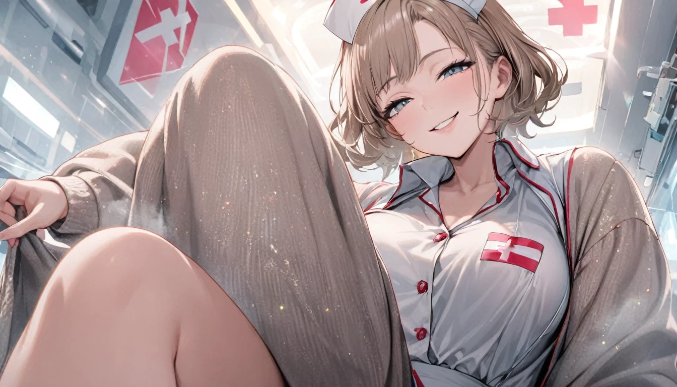 From below, Portraiture, Kind and beautiful nurse, Cool face, A shy smile, Superb proportions, She is wearing a loose cardigan over her nurse uniform., Glitter effect, fog effect、smug face、Cowboy Shot