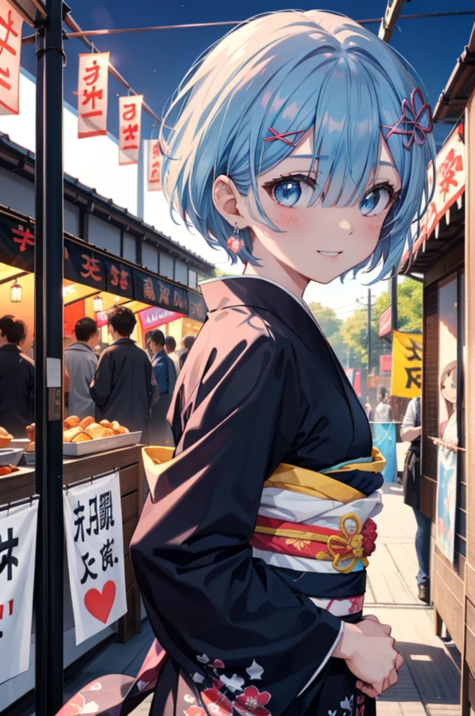 rezeroRem, Rem, blue eyes, Blue Hair, hair ornaments, Hair on one eye, hair ribbon, short hair, x hair ornaments,Blue Kimono,smile,blush,Open your mouth,whole bodyがイラストに入るように,evening,sunset,The sun is setting,日本のfestival,夏festivalの屋台,Red lantern,
break outdoors, festival,
break looking at viewer,whole body, (Cowboy Shot:1. 5), 
break (masterpiece:1.2), Highest quality, High resolution, unity 8k wallpaper, (figure:0.8), (Beautiful attention to detail:1.6), extRemely detailed face, Perfect lighting, extRemely detailed CG, (Perfect hands, Perfect Anatomy),