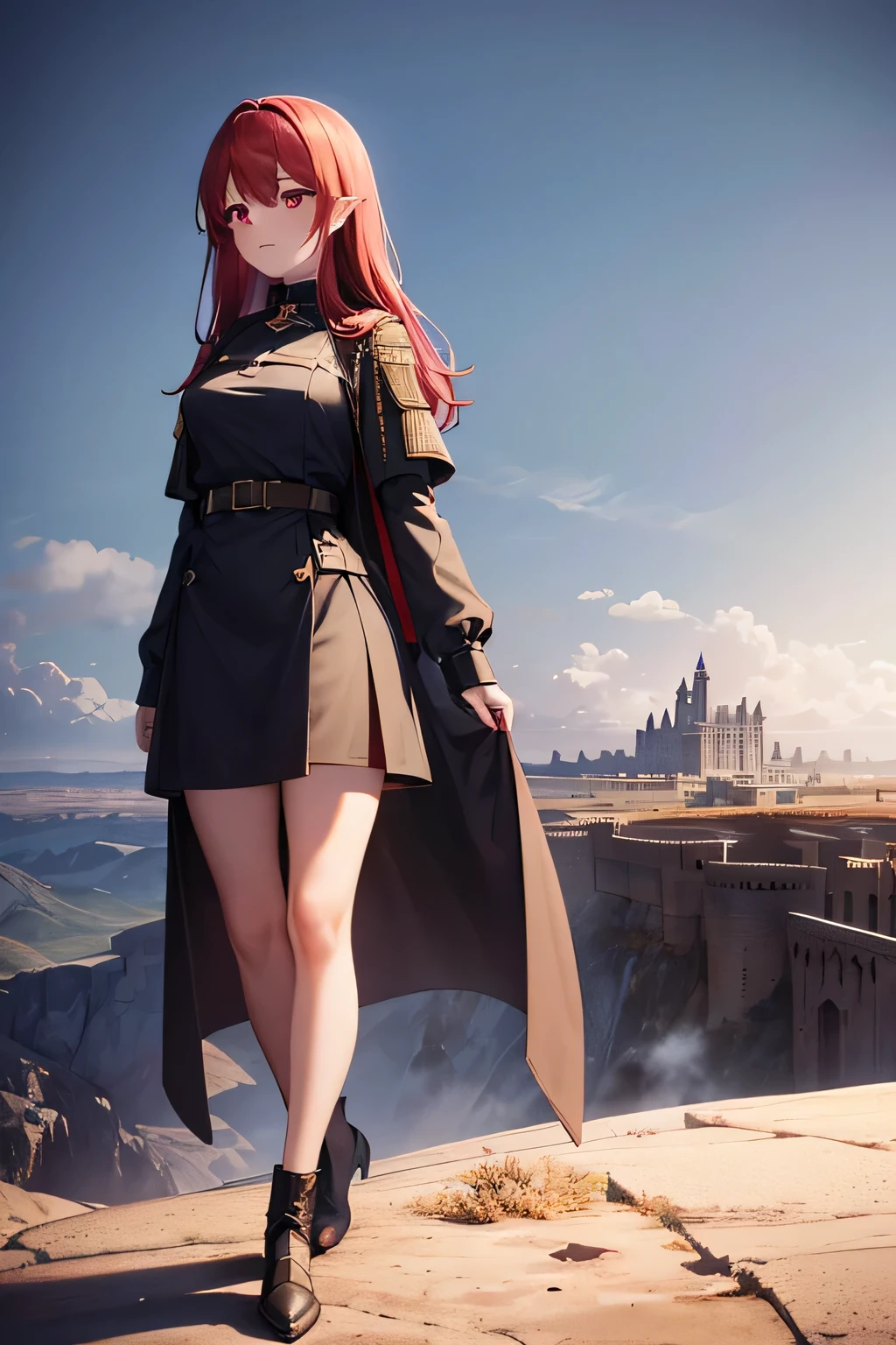 masterpiece, figure, ((Standing in the distant desert、Babel, a huge military fortress made of carved stone)), (Tower of Babel), Pale blue sky, sunlight, fog, Shadow, Dark grass with stones, Uninhabitable, Barren Land, nature, (Mountain々), Unsaturated, (A young girl in a dark blue coat standing in the distance and walking towards a castle), Medium length red hair, Moscow, soviet union, (Flying over the fortress、A dark dragon with glowing red eyes)