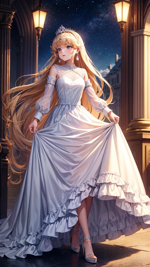 Princess, princess dress, long dress, crown , windy, high heels, dress lift, earings,