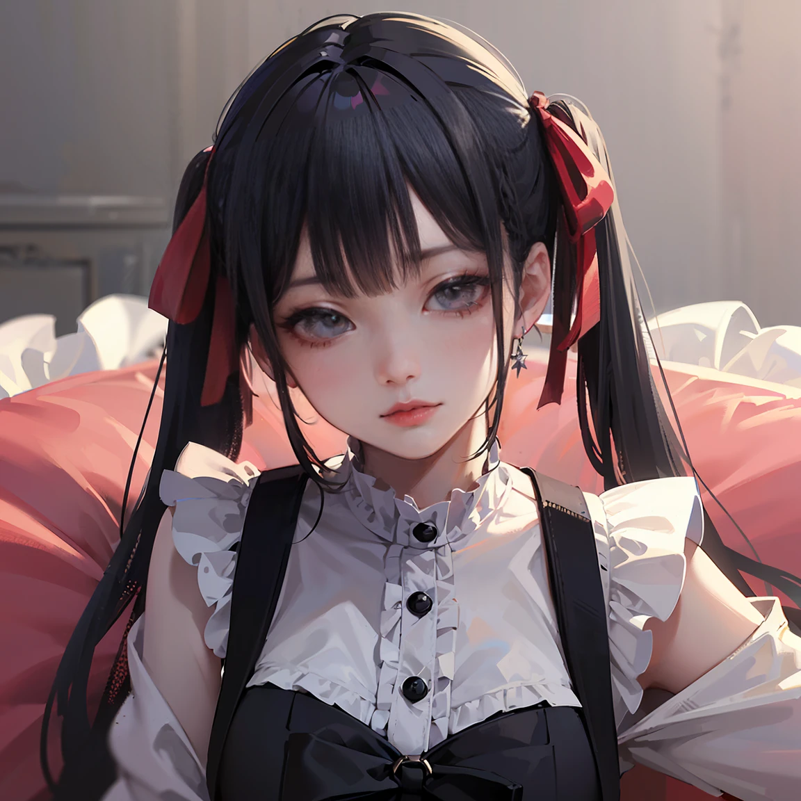 (8k, RAW Photos, Highest quality, masterpiece: 1.2), (Real、Photorealistic: 1.4), (Highly detailed 8K wallpapers), Very delicate and beautiful, Ultra-high resolution, 3d, A girl as cute as a doll, Red ribbon, Highly detailed pink dress, Twin tails, Blunt bangs, Highly detailed glossy black hair, Transparent white skin, large, round eyes, Thin lips, round face, From above, Looking at the camera, The best light, Perfect composition,