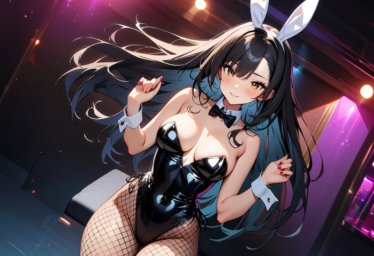 (Highest quality:1.2, Attention to detail, masterpiece:1.2, Best aesthetics), (1 girl), Cowboy Shot, ((Playboy Bunny, Fishnet tights:1.2, Bunny ears, ハイレグ leotard, 黒leotard:1.1, leotard)), (Black Hair, Long Hair, Asymmetrical bangs, Dark brown eyes), 美しいAttention to detail目, Beautiful lip detail, Highly detailed face, Detailed Fashion, elegant, luxury, High quality fabric, Shine, Shine, smile, Random Pause, Dutch Angle, bar, Nightclub, night, Dramatic lighting, Cinematic, Bright colors, Intricate details, Chiaroscuro lighting.