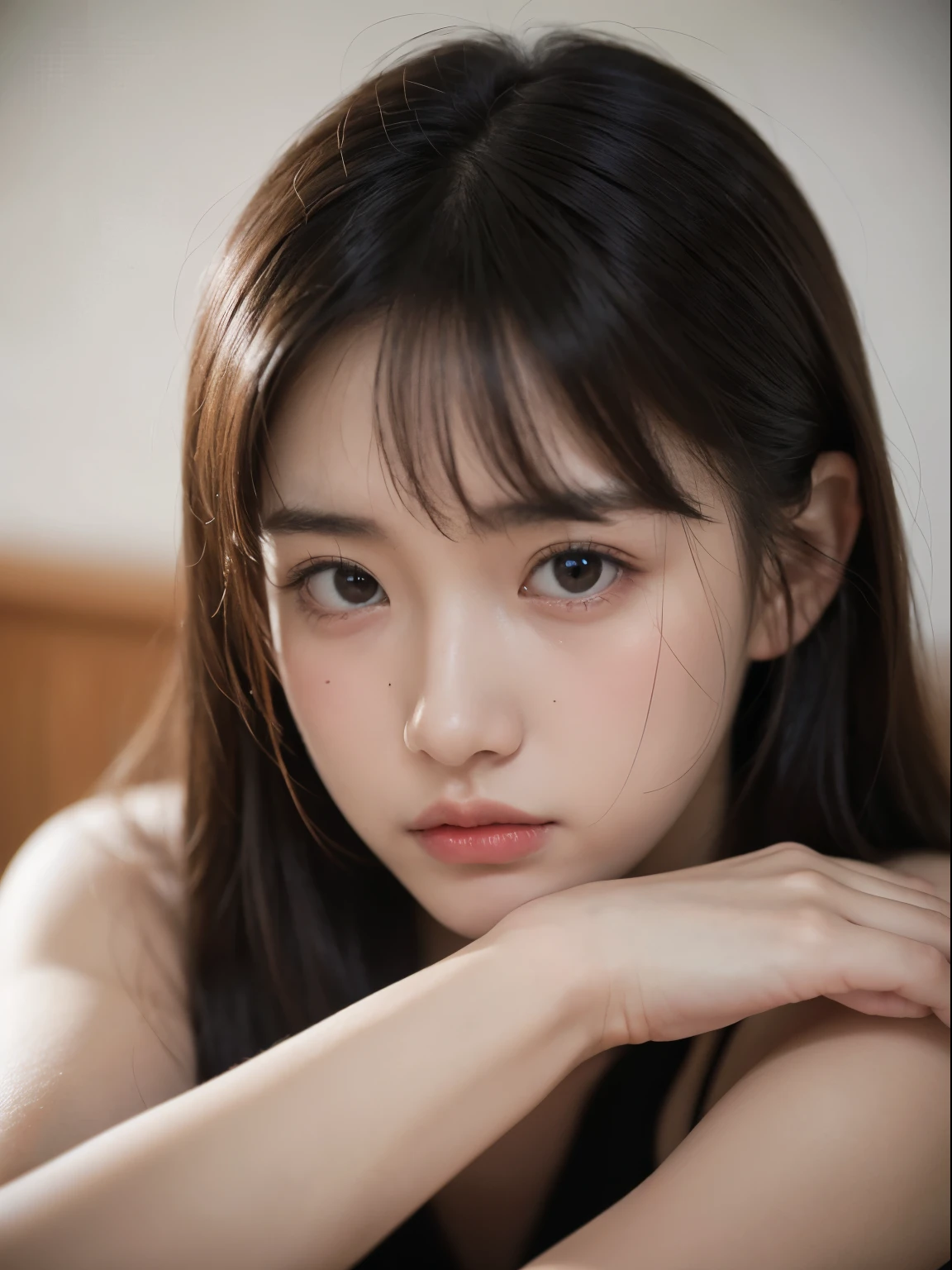 (8k, Top quality, Masterpiece:1.2), (Realistic, photo-realistic:1.37), Super detailed, perfect anatomy, cute, small eyes, 18 years old, a Japanese, girl, angry, frown, furious, rage, crossed arms, bangs,