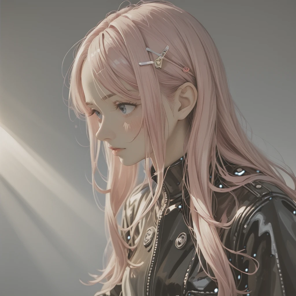 pink hair,long hair,single hairpin, blush, Modern cinematic lighting,Ray tracing,falling shadow, wide plan UHD,textured leather,high detail,best 4K quality