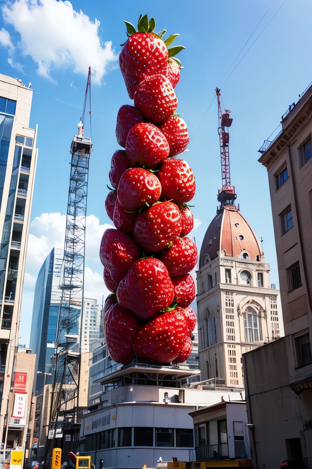 best quality, high resolution, ultra detailed, Huge (strawberry-shaped structure:1.2), (Strawberry motif:1.2), under construction, scaffolding, workers, foreman with drawings, crane, building materials, 