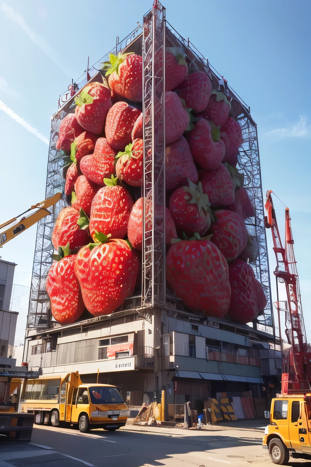 best quality, high resolution, ultra detailed, (Huge strawberry-shaped:1.4) structure, (Strawberry motif:1.4), under construction, scaffolding, workers, foreman with drawings, crane, building materials,