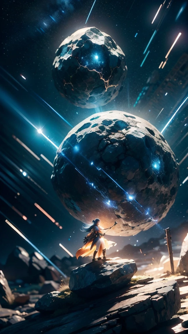 a person standing on a large rock under a magical starry sky, with glowing runes, meteors, thunder magic, optical particles, high contrast, best quality, 8k, detailed, photorealistic, dramatic lighting, fantasy, cinematic