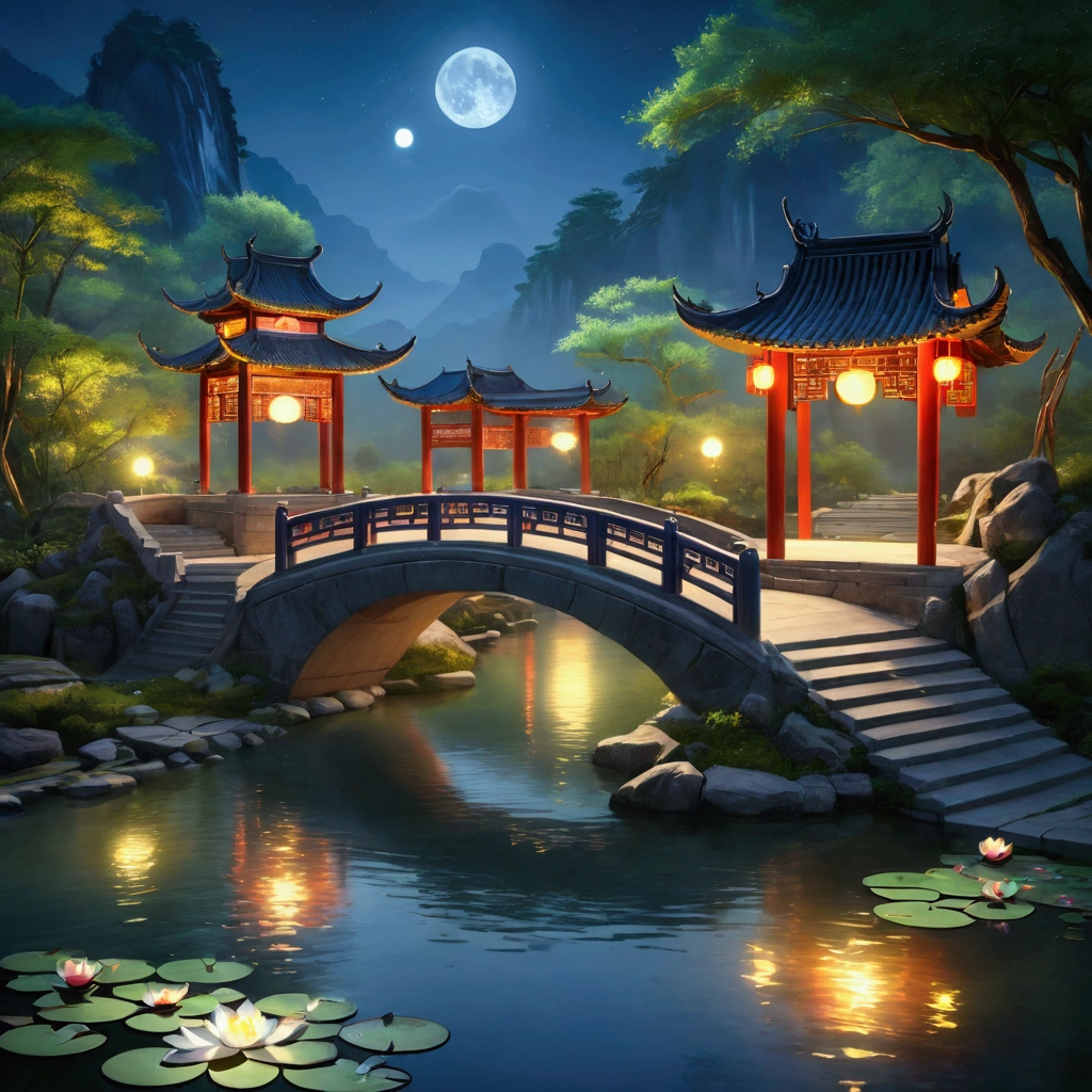 (Beautiful ancient Chinese architecture, Moonlight twinkling, Lake at night, Bamboo Forest, Stone Bridge Arch, Rippling water, Rockery trails, Blooming water lilies, Hot spring steam, Auspicious moonlight illustration: 1.0), Epic creation, Super detailed and realistic, Highly realistic lighting, Best wallpaper quality, masterpiece. (Very detailed CG Unity 8k wallpaper) . 