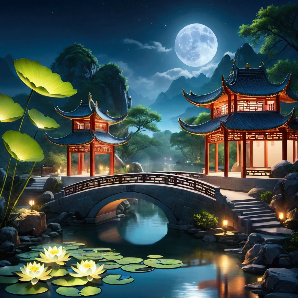 (Beautiful ancient Chinese architecture, Moonlight twinkling, Lake at night, Bamboo Forest, Stone Bridge Arch, Rippling water, Rockery trails, Blooming water lilies, Hot spring steam, Auspicious moonlight illustration: 1.0), Epic creation, Super detailed and realistic, Highly realistic lighting, Best wallpaper quality, masterpiece. (Very detailed CG Unity 8k wallpaper) . 