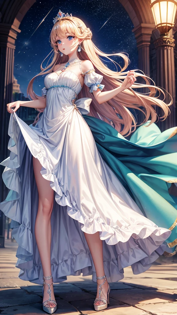Princess, princess dress, long dress, crown , windy, high heels, dress lift, earings, , water