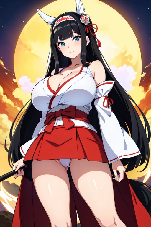 good quality, best quality, highres, absurdres, 8k, 4K, masterpiece, Girl in Japanese shrine maiden outfit, (Hime cut), (super long black hair),(((straight bangs, blunt bangs))),(White headband), Blue eyes, super long black hair, hair ornament, ribbon, smile, Showing her breasts, (Huge breasts:1.3), Cleavage, White kimono, Shoulder-exposing sleeves, open-chested costume, Short skirt, Red Skirt, (upskirt), cameltoe, 