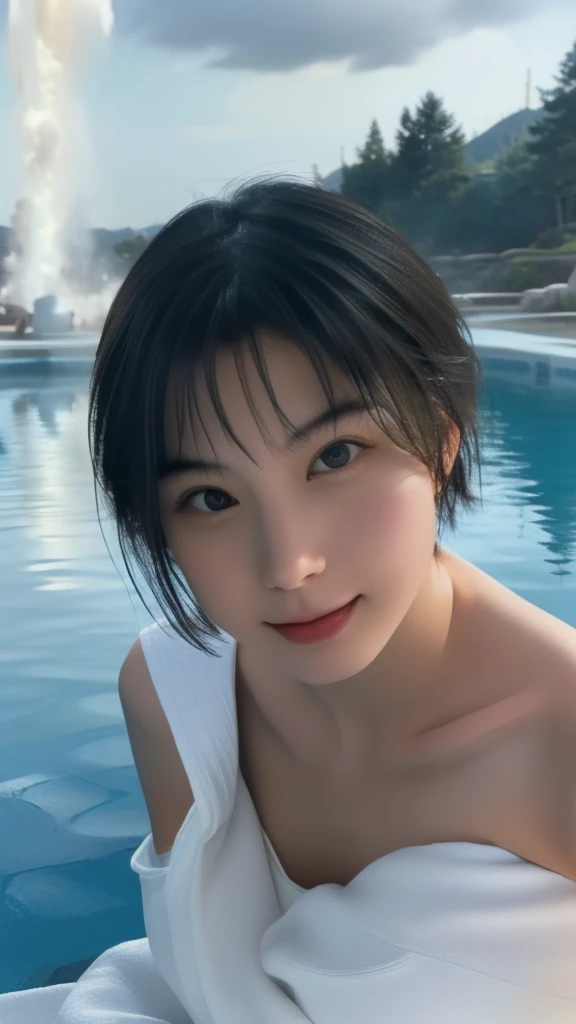 masterpiece、Highest quality、In 8K、(Photorealistic: 1.4)、(Depth of written boundary:1.2)、Ultra-detailed、High resolution、In detail、solo、(1 Female:1.2)、(Realistic Skin:1.2)、Beautiful woman、Perfect figure、Highly detailed eyes and face、Very detailed and beautiful eyes、Laughter:1.3、(Cover yourself with a large, thin white towel、Strapless:1.2)、(Geyser, hot spring:1.2)、(腹まで浸かる:1.3),very short hair,bob cut,(immerse:1.3),immerse herself in the hot spring water up to her stomach,
