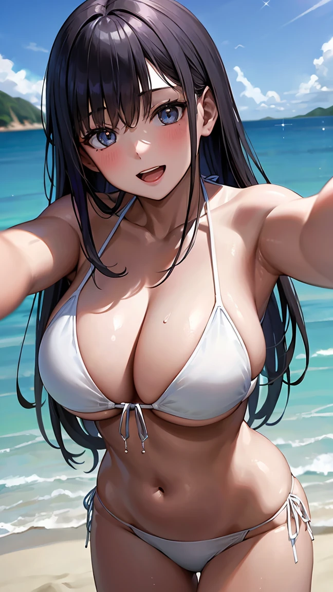 high resolution、Ultra HD、Best Quality、Top quality、Extremely detailed image quality、Realistic woman、A big smile、open mouth, (1girl:1.8)、(looking straight:1.8), Japanese、Peaceful face、45-year-old woman、Married Woman、Plump body、belly button、Black Hair、long、Shiny skin、Skin that is very shiny after applying oil、High gloss skin、Facing forward、The whole body is reflected、(beach:1.5)、 standing、(Woman posing for a photo:1.5)、(Bursting huge breasts、Valley、Shiny skin、radiant skin、Glowing Skin、High gloss skin:1.4)、BREAK、Woman wearing(white bikini:2), BREAK (take a selfie:1.2), BREAK peace sign,