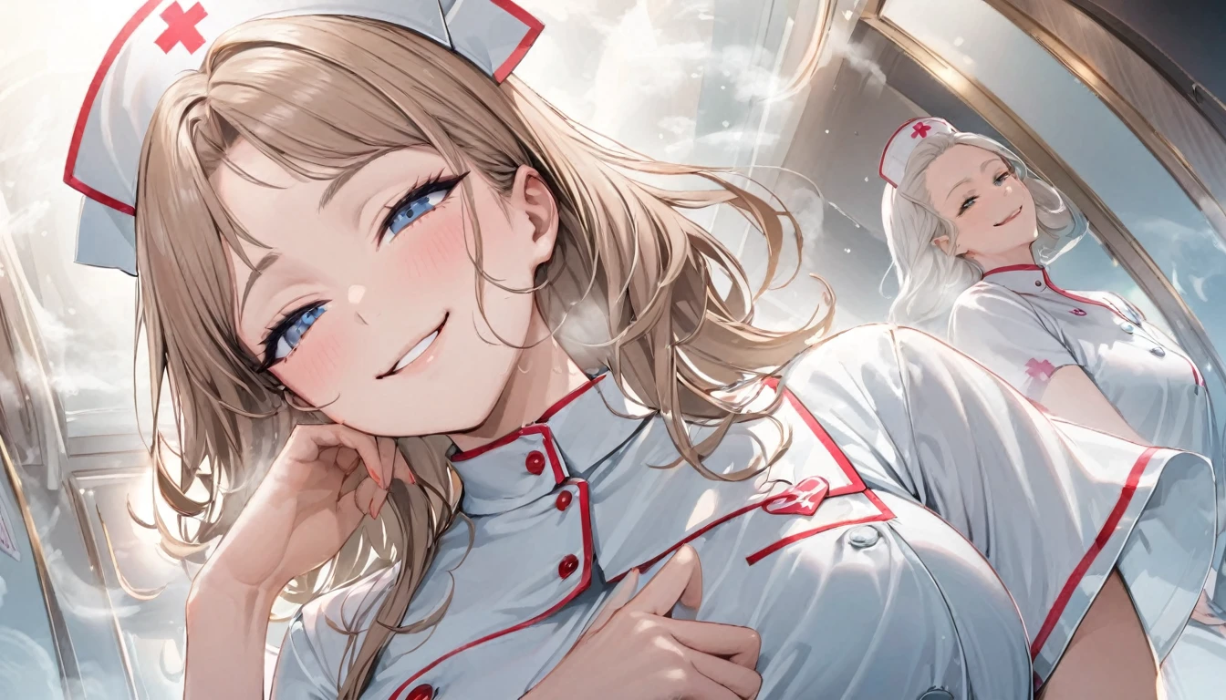 From below, Portraiture, Kind and beautiful nurse, Cool face, A shy smile, Superb proportions, She is wearing a loose cardigan over her nurse uniform., Glitter effect, fog effect、smug face、Cowboy Shot
