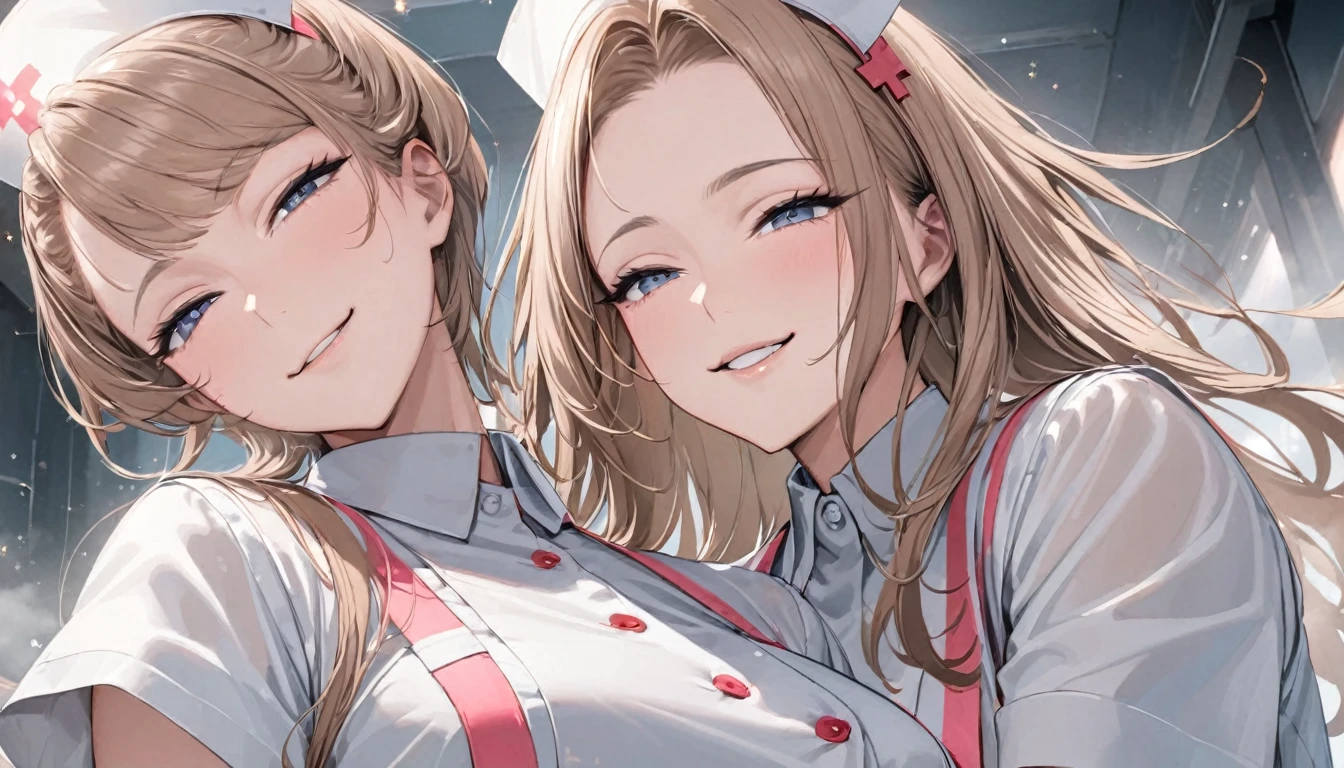 From below, Portraiture, Kind and beautiful nurse, Cool face, A shy smile, Superb proportions, She is wearing a loose cardigan over her nurse uniform., Glitter effect, fog effect、smug face、Cowboy Shot