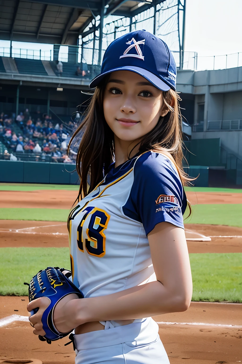 masterpiece、1 beautiful girl、high school baseball、Put on a hat、Playing a daytime game、sun、Playing a match、Full body image、fine eyes、smile,puffy eyes、highest quality, 超High resolution, (reality: 1.4), movie lighting、super beautiful、beautiful skin、body facing forward、Upper body,(ultra-realistic)、(High resolution)、(8k)、(very detailed)、(Beautiful and fine eyes)、(Super detailed)、 (wall-)、detailed face、bright lighting、professional lighting、Midsummer、Koshien Stadium、high school baseball、