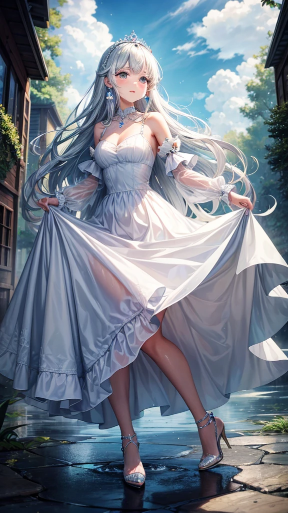 Princess, princess dress, long dress, crown , windy, high heels, dress lift, earings, , water, wet, wet dress