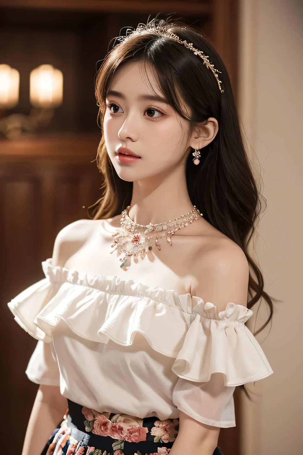 (best quality, masterpiece), 1 Girl, Intricate details, Off-shoulder, skirt, Necklace, Ruffles, transparent, Looking at the audience, blush, Upper Body, Blurred background, Floral, Contrasting