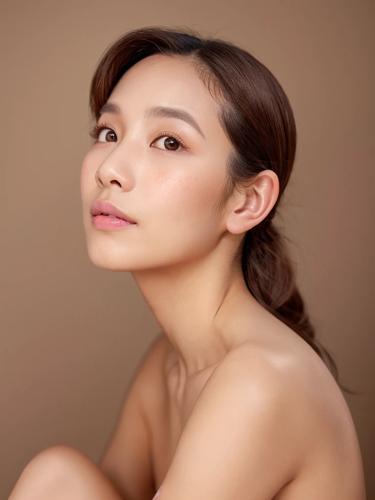 Full shot portrait, side profile, messy updo long brown hair, RAW, A actress Vietnamese woman, 34 years old,looking towards side away from the camera, [ great detail: ( eyes :Mai Duong Kieu),( Eyelids : Michelle Phan),(between eyebrows: Michelle Phan),(Eyebrows : Michelle Phan),(forehead: Mai Duong Kieu),(nose:Michelle Phan),(boca: Ly Nha Ky),(jawline: Ly Nha Ky), (ears: Ly Nha Ky) (detail ear soft skin), (no flying hair at earlobe), ( jaw angle: Michelle Phan) (nose: Michelle Phan), wearing a cottage puffly sleeves white blouse button up, beautiful figure, (medium size breasts: Vesper lynd),(legs : Michelle Phan), half body shot, cowboy pose, soft white translucent skin, light wrinkles, small light freckle at top of lip, life-like, realistic, masterpiece, one of a kind, million dollar shot, refined elegance, solid white studio background, ((no jewelry)), ((no earrings(), ((nude ears)), ((no hair accessory)),